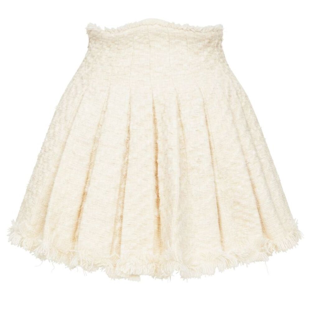 Balmain frayed pleated cotton tweed curved skater mini skirt